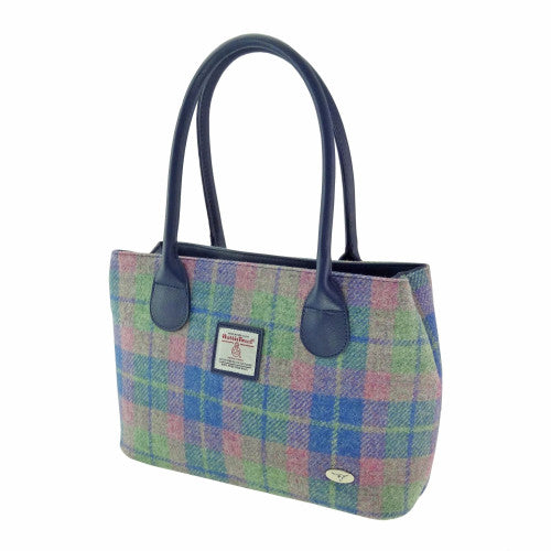 Authentic Luxury Harris Tweed Women's Classic Large Handbag In Soft Blue Pink Tartan