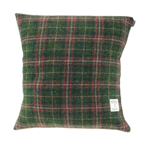 Harris Tweed Square Cushion With Velvet Back In Dark Green Plum Check