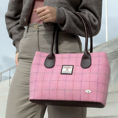 Authentic Luxury Women's Harris Tweed Classic Large Handbag In Bright Pink Overcheck