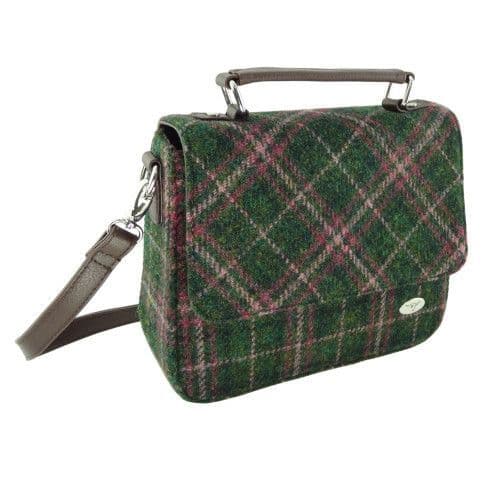 Authentic Harris Tweed Luxury Square Bag in Dark Green & Plum Check