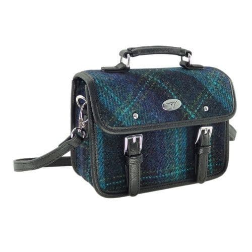 Harris Tweed Authentic Luxury Mini Satchel in Blue with Turquoise Overcheck