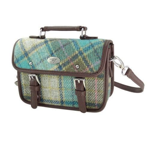 Harris Tweed Authentic Luxury Mini Satchel in Brown with Turquoise Tartan